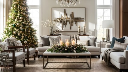 Fototapeta premium Exquisite living room decor for the Christmas holiday, with a radiant tree, elegant sofas, and a sparkling candle centerpiece, creating a warm and festive ambiance for winter celebrations