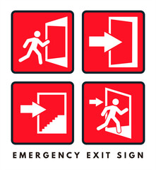 Red Emergency Exit Sign Vector Set. Fire Evacuation and Safety Direction Icons. Design Illustration