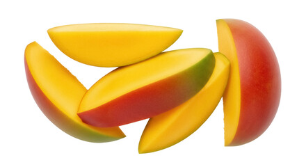 Ripe mango slices PNG isolated on transparent background, tropical fruit pieces for healthy eating...