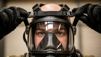 Man adjusting gas mask straps close up portrait view