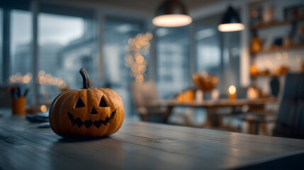 a carved pumpkin on an office desk halloween work concept. A spooky autumn decoration adorns a workspace table a festive fall office scene.