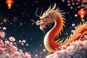 Fototapeta premium Fantasy depiction of a dragon amidst cherry blossoms
