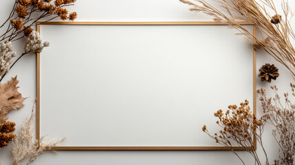 Neutral beige blank frame with dried flowers and grasses arranged around elegant minimal border