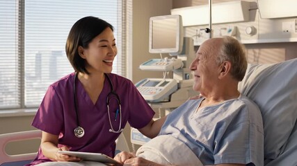 Nurse engages with elderly patient, sharing information on a tablet, showcasing compassionate care in a hospital setting, camera pans and zooms in