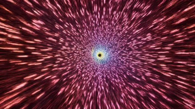 Fast moving tunnel perspective created by hundreds of fiber optic light strands displaying shifting spectrum colors zooming toward the viewer zoom, visualization, modern