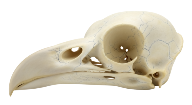 Detailed bird skull PNG isolated on transparent background, anatomical avian bone structure for scientific study and educational resources
