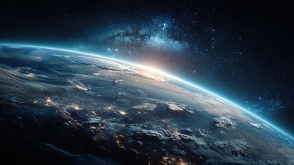 Fototapeta premium A beautiful view of the Earth from space, with the sun rising over the horizon. The sky is filled with stars, and the planet appears to be a dark blue color