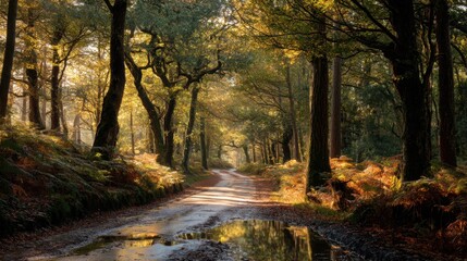 Obraz premium A road in a forest with a lot of trees and a lot of sunlight. The road is wet and there is a puddle of water on it