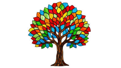 Colorful Stained Glass Tree with Vibrant Leaves in Bright Hues