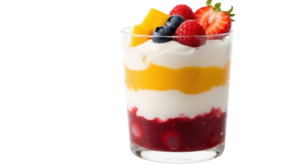 Delicious layered fruit parfait in glass isolated PNG, with yogurt, mango, raspberries, blueberries, and strawberries for healthy dessert concept
