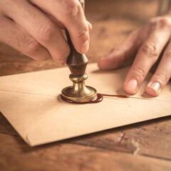 Authenticating a vintage document with a traditional wax seal, a symbolic act representing trust, legacy, and secure communication on aged paper
