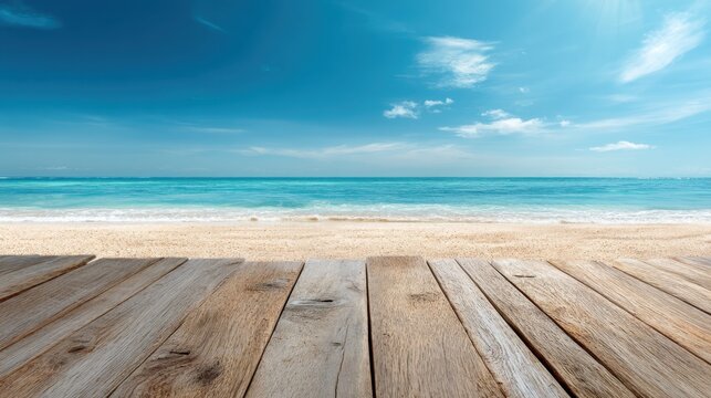 A wooden boardwalk overlooking a beautiful ocean. The sky is clear and blue, and the water is calm. The scene is peaceful and serene, inviting visitors to take a stroll along the boardwalk