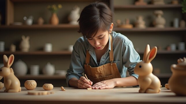 Young person focused on crafting ceramic easter bunnies in a studio - Powered by Adobe
