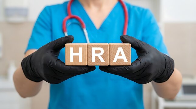 Doctor holding wooden blcoks sess the abbreviation HRA. HRA - Health Reimbursement Arrangement Medical Concept .reimbursement, health,