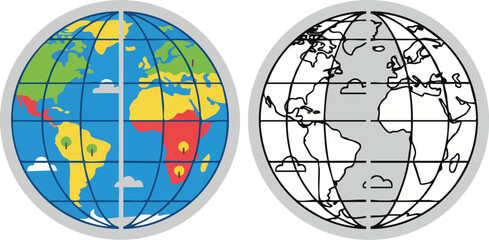 Color and Outline World Globe Icons Showing Continents and Grid Lines