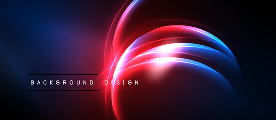 Abstract neon lines create dynamic curves. Blue, red, pink hues blend against dark backdrop. Modern design element.