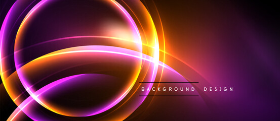 Abstract neon lights create vibrant circular design. Purple, orange hues dominate dark background. Modern, energetic visual.
