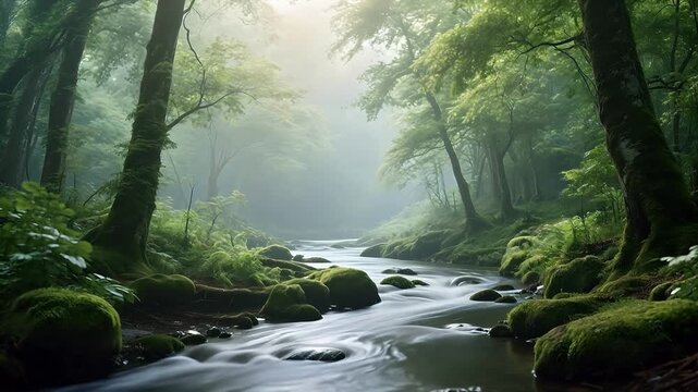 Misty forest with stream and mossy trees