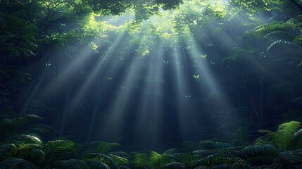 Sunlight streams through the lush green canopy of a forest, illuminating the scene with ethereal light and creating a magical atmosphere.