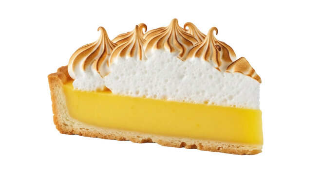 Delicious lemon meringue pie slice isolated PNG, sweet dessert with toasted meringue topping on transparent background - Powered by Adobe