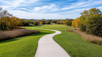 Naklejka premium Winding park path green grass autumn trees blue sky curving walkway