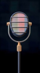 Close-up of a vintage microphone isolated against a dark background, showcasing its retro design and colorful filter.