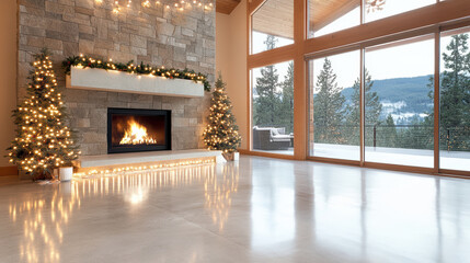 Naklejka premium Cozy living room with fireplace and decorated Christmas trees reflecting on polished floor