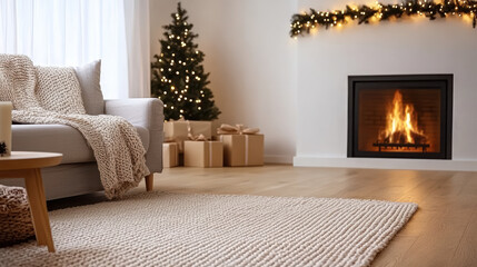 Obraz premium Cozy living room with knitted blanket, Christmas tree and fireplace glow