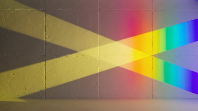 Geometric beams of magenta, yellow, and blue light intersect and merge into a vibrant harmonious spectrum moving slowly across a clean blank wall bright, clean blank wall, inspiration