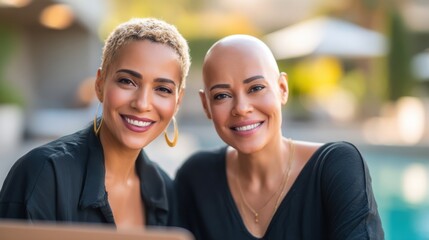 Two joyful lesbian women smiling together outdoors, enjoying a sunny day by the pool, showcasing friendship and love in a vibrant atmosphere