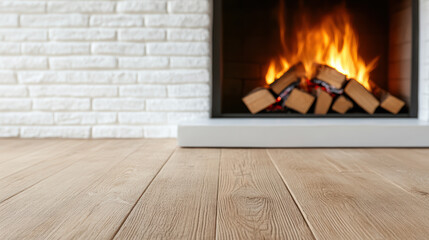 Naklejka premium Cozy wooden floor fireplace warm glow inviting living room