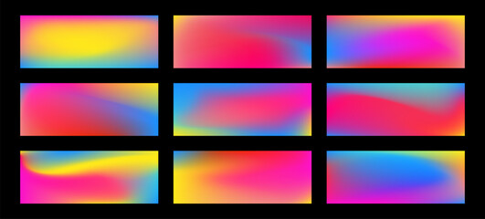 Soft rainbow gradient set. Pastel color backgrounds for print and web. Pink, blue and yellow gradation summer banner. Vibrant cover backdrops. Modern blurry mesh bg