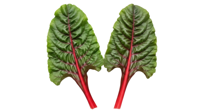 Two vibrant Swiss chard leaves isolated PNG, fresh leafy greens with red stems on transparent background for healthy eating concepts