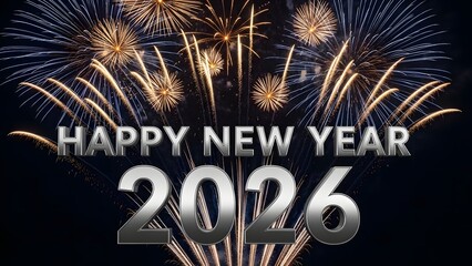 Happy New Year 2026 with fireworks in the background.