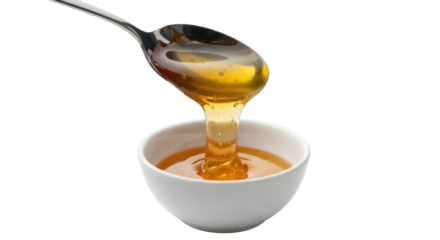 Golden honey dripping from spoon into bowl isolated PNG, sweet natural food on transparent background for healthy eating and cooking