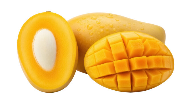Fresh yellow mango fruit isolated PNG, cut in half and diced, tropical fruit with water droplets on transparent background - Powered by Adobe