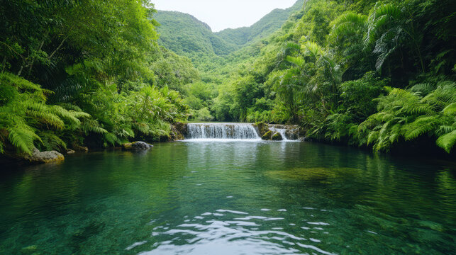 Lush green forest waterfall pool tranquil natural oasis