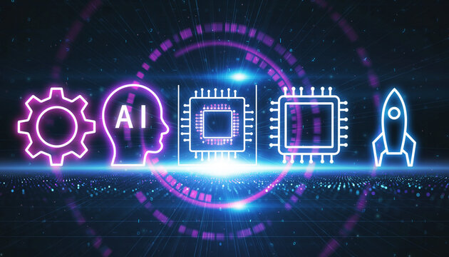 Digital Innovation Blueprint: A futuristic composition representing the core elements of artificial intelligence and technological progress, including machine learning, and innovation.