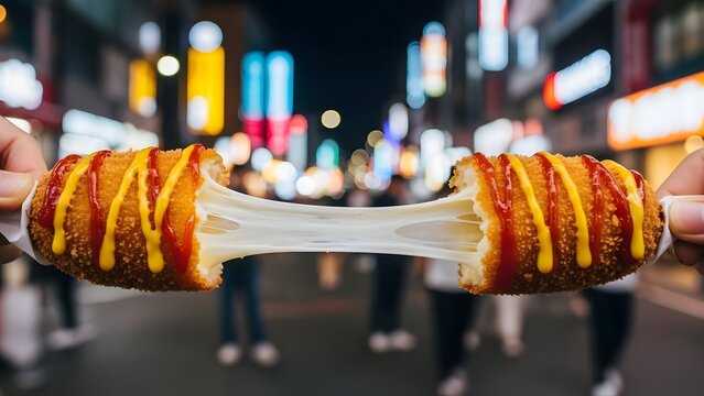 Delicious korean corn dog with stretchy cheese pull and vibrant street night lights bokeh - Powered by Adobe