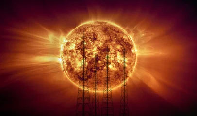 Fototapete Rund Tiefrot Magnetic solar storm and the disruption of energy networks "Elements of this image furnished by NASA"  © muratart