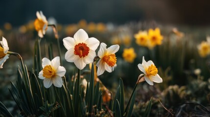 Bright daffodils are blooming in a sunny meadow during spring. Their white and yellow flowers stand out against lush green grass creating a lively atmosphere filled with warmth.