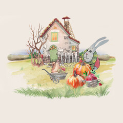 kids illustration with rabbit and his home, season autumn