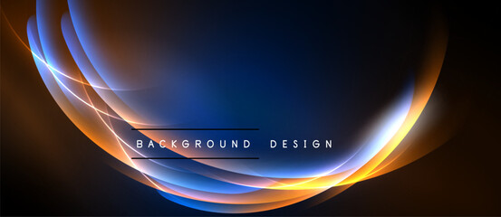 Abstract light curves form elegant backdrop. Blue, orange hues blend, creating dynamic visual effect. Text reads background design.