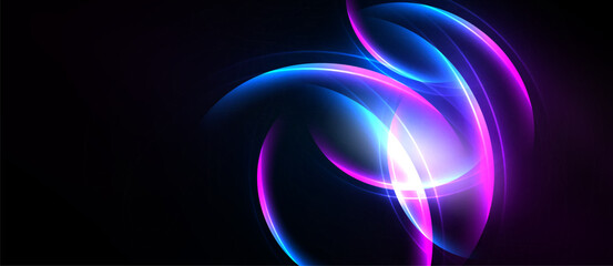 Abstract flowing lines, vibrant blue, pink hues. Dark background creates dramatic light effect. Modern digital artwork.