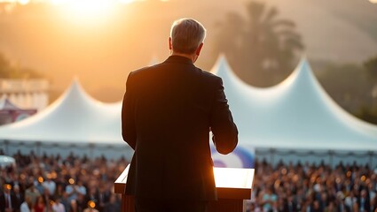Generative AI capturing a male speaker addressing an attentive crowd during a golden hour outdoor