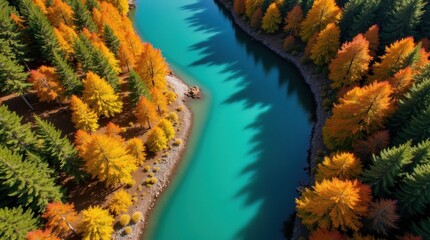 Vibrant autumn forest river aerial view with turquoise water