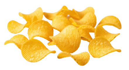 Pile of golden rippled potato chips isolated PNG, crispy snack food for party and picnic on transparent background