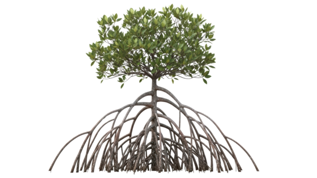 Mangrove Tree with Exposed Roots in Coastal Environment