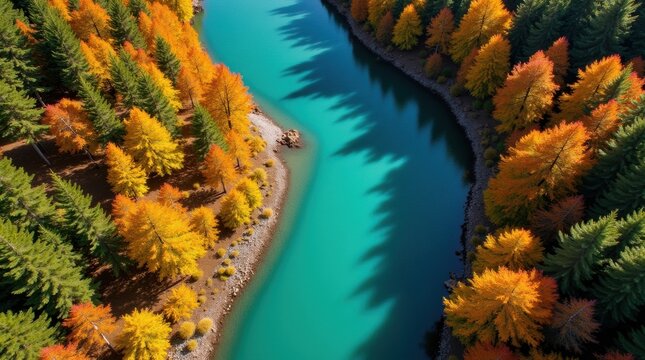 Vibrant autumn forest river aerial view with turquoise water