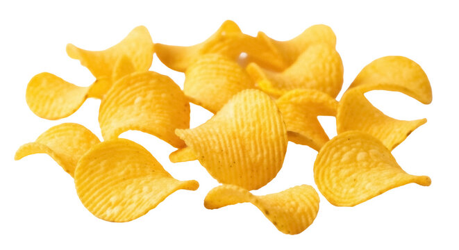Pile of golden rippled potato chips isolated PNG, crispy snack food for party and picnic on transparent background